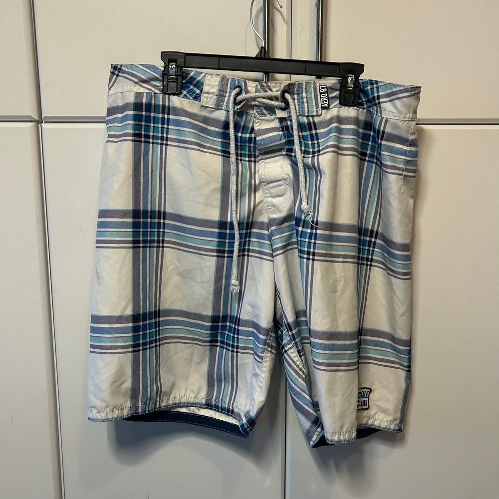 Aeropostale Mens Blue White Plaid Board Shorts Swim Trunks Size 38 Surf 1987